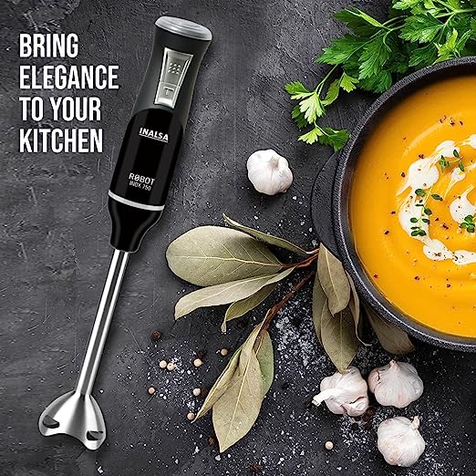 INALSA Hand Blender 750 Watt |Powerful Super Silent 100% Copper Motor| ANTI-SPLASH TECHNOLOGY| Variable Speed and Turbo Function| Stainless Steel Blade & Detachable Stem (Robot Inox 750S) INALSA Hand Blender 750 Watt |Powerful Super Silent 100% Copper Motor| ANTI-SPLASH TECHNOLOGY| Variable Speed and Turbo Function| Stainless Steel Blade & Detachable Stem (Robot Inox 750S)
